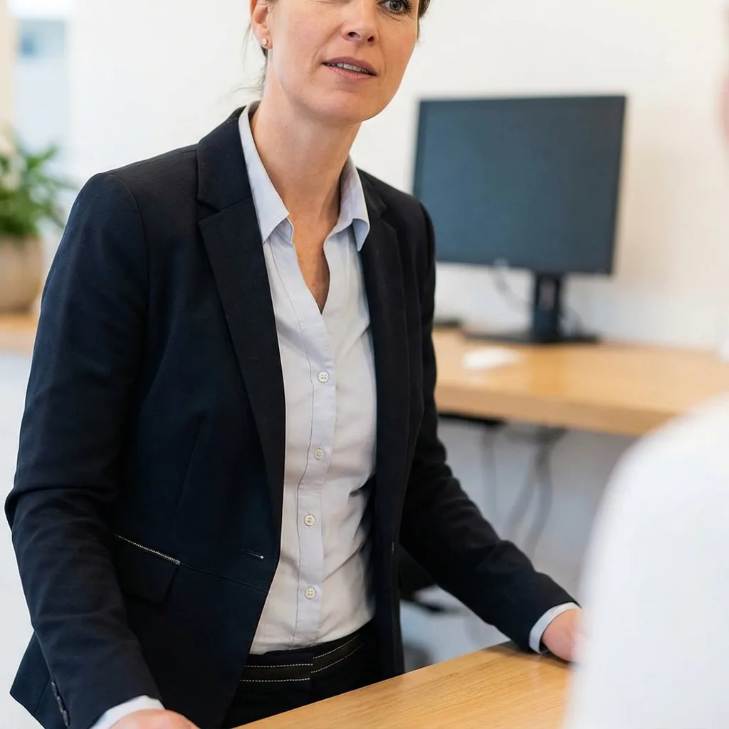 Two individuals are engaged in a conversation at a reception desk.