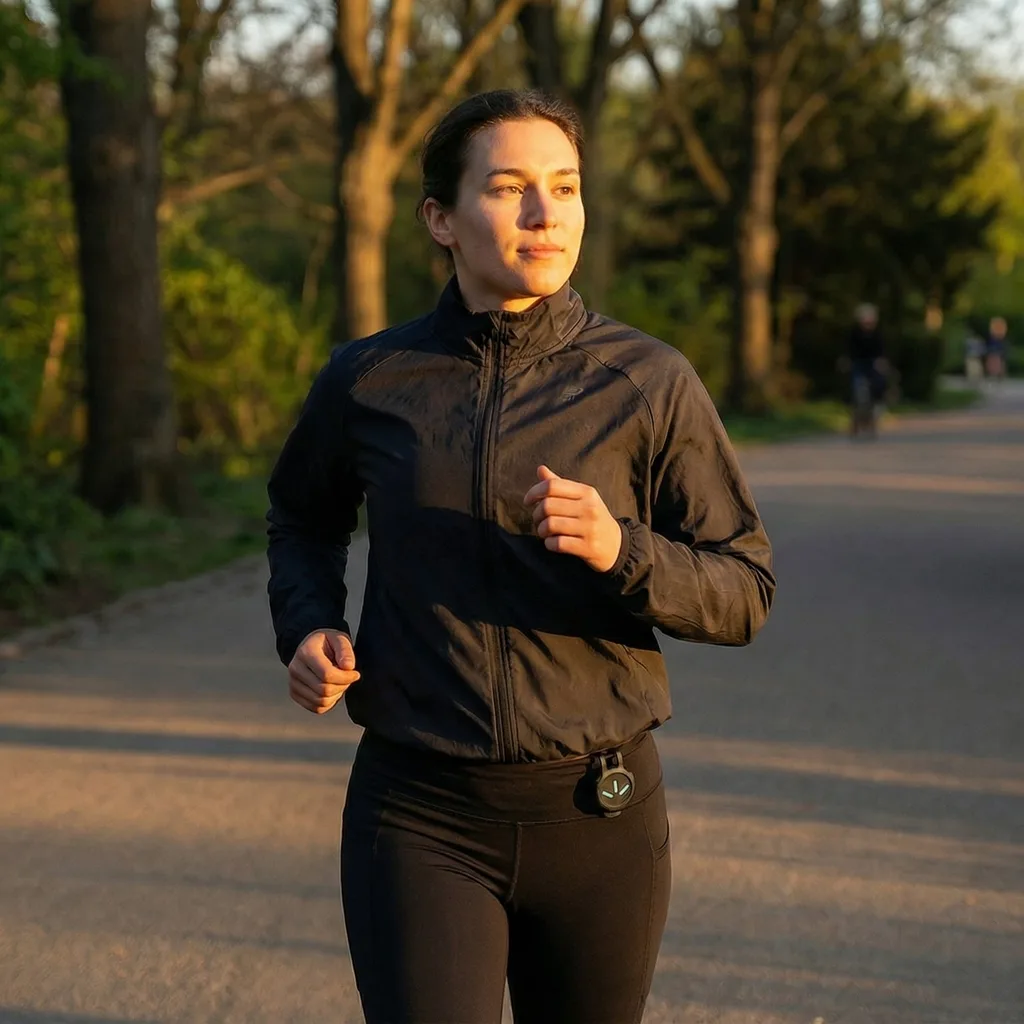 A woman jogs on a paved path in a park with a device clipped to her waist.