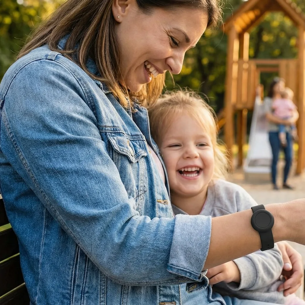 A mother and child laugh together on a bench at an outdoor playground.