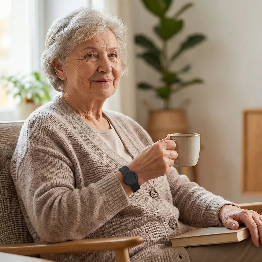 An elderly woman sits in a chair, holding a mug and smiling.
