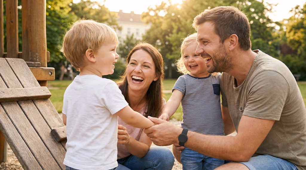 A family of four, including two adults and two young children, laughs together at an outdoor playground.