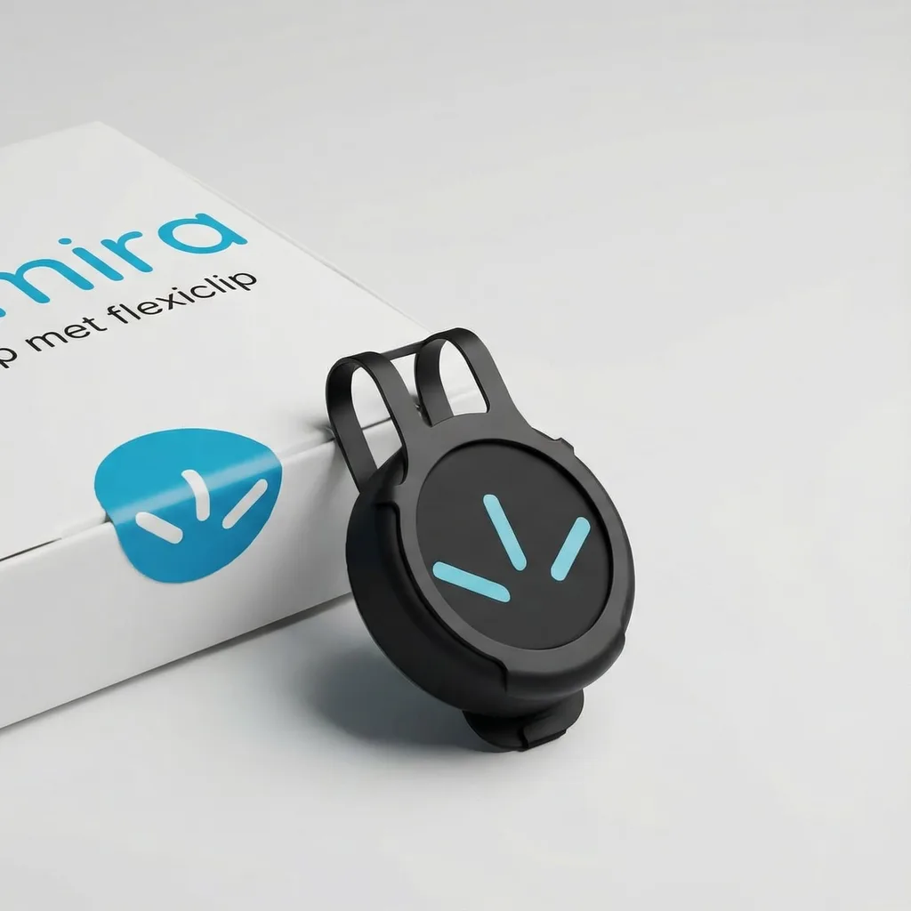 A black alarm button with a flexiclip is shown next to its white product packaging.