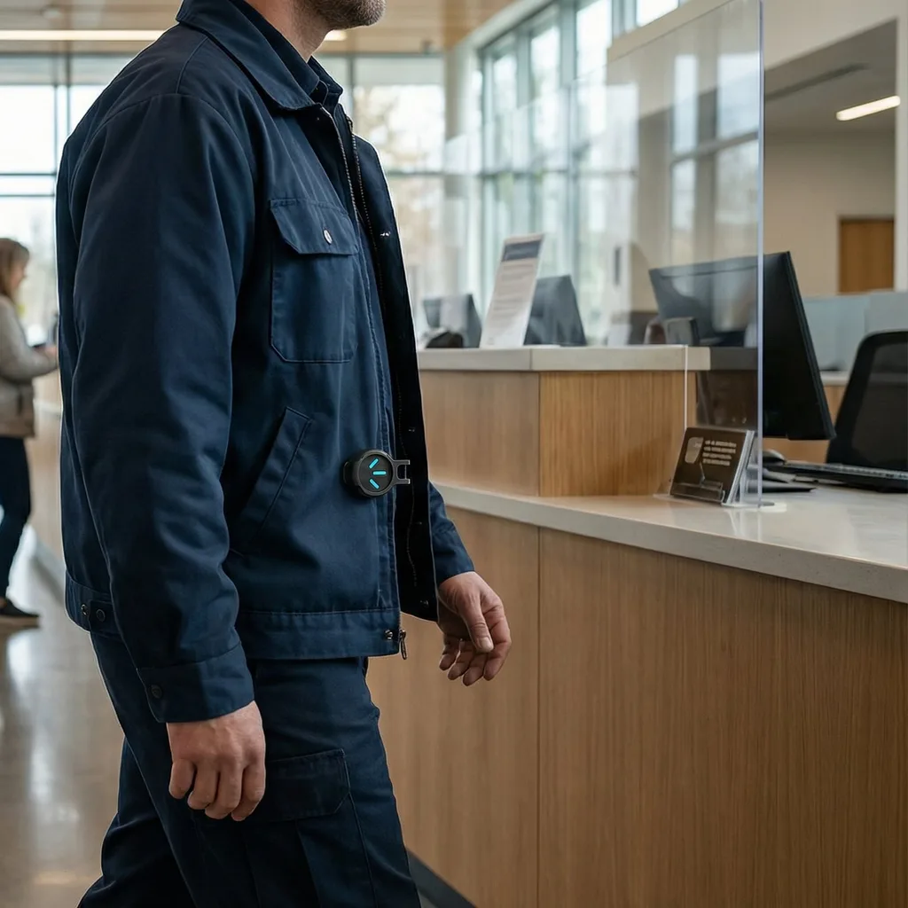 Professional toont een gedragen Alarmira clip-device